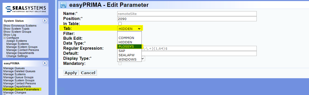 Edit the parameter remoteSite and change the Tab value to PLOSSYS